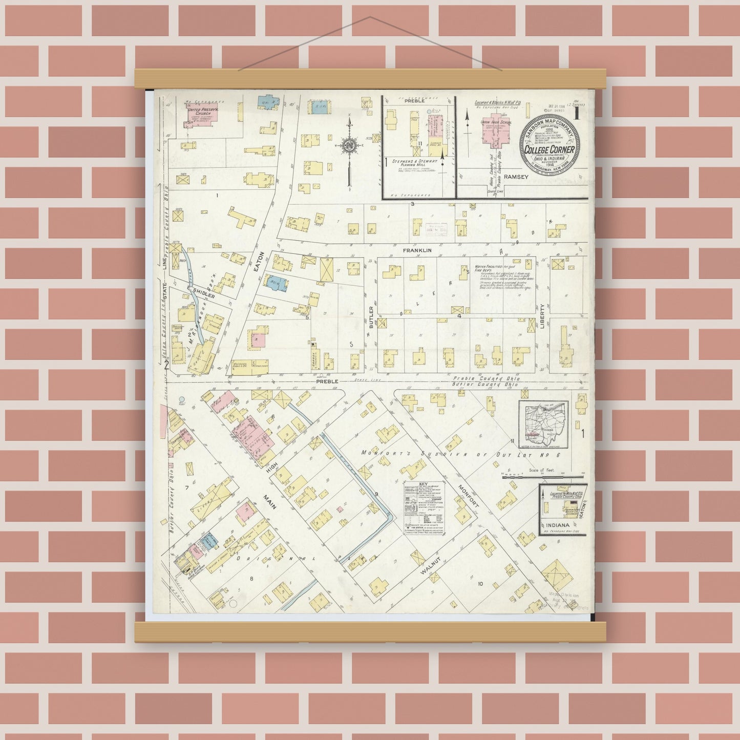Old map wall art mockup — magnetic wood frame on brick wall — Sanborn Fire Insurance Map from College Corner, Preble And Butler, Ohio (1914) - Complete Map Set