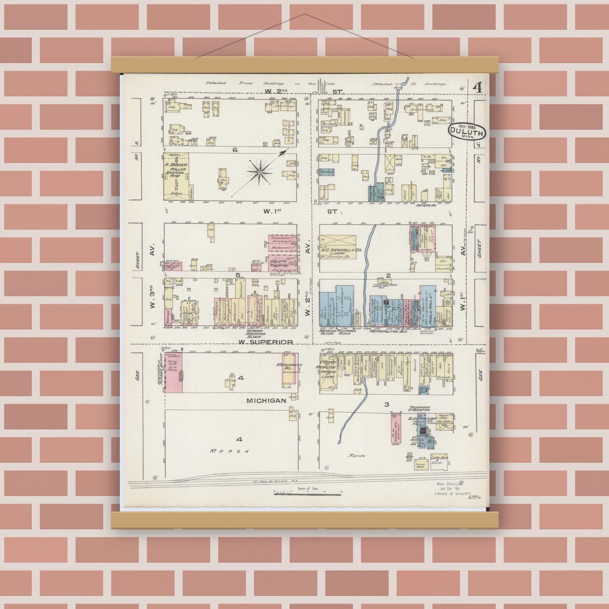 Old map wall art mockup — magnetic wood frame on brick wall — Sanborn Fire Insurance Map from Duluth, Saint Louis County, Minnesota (1885), Sheet #0004