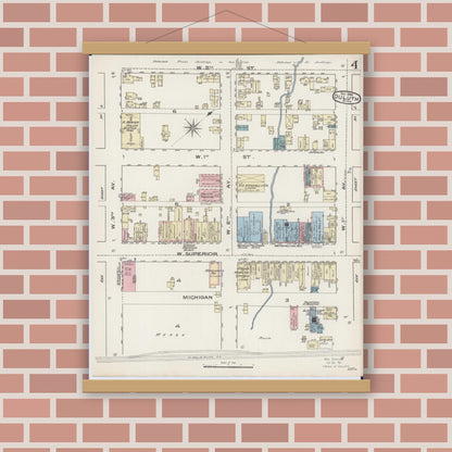 Old map wall art mockup — magnetic wood frame on brick wall — Sanborn Fire Insurance Map from Duluth, Saint Louis County, Minnesota (1885), Sheet #0004