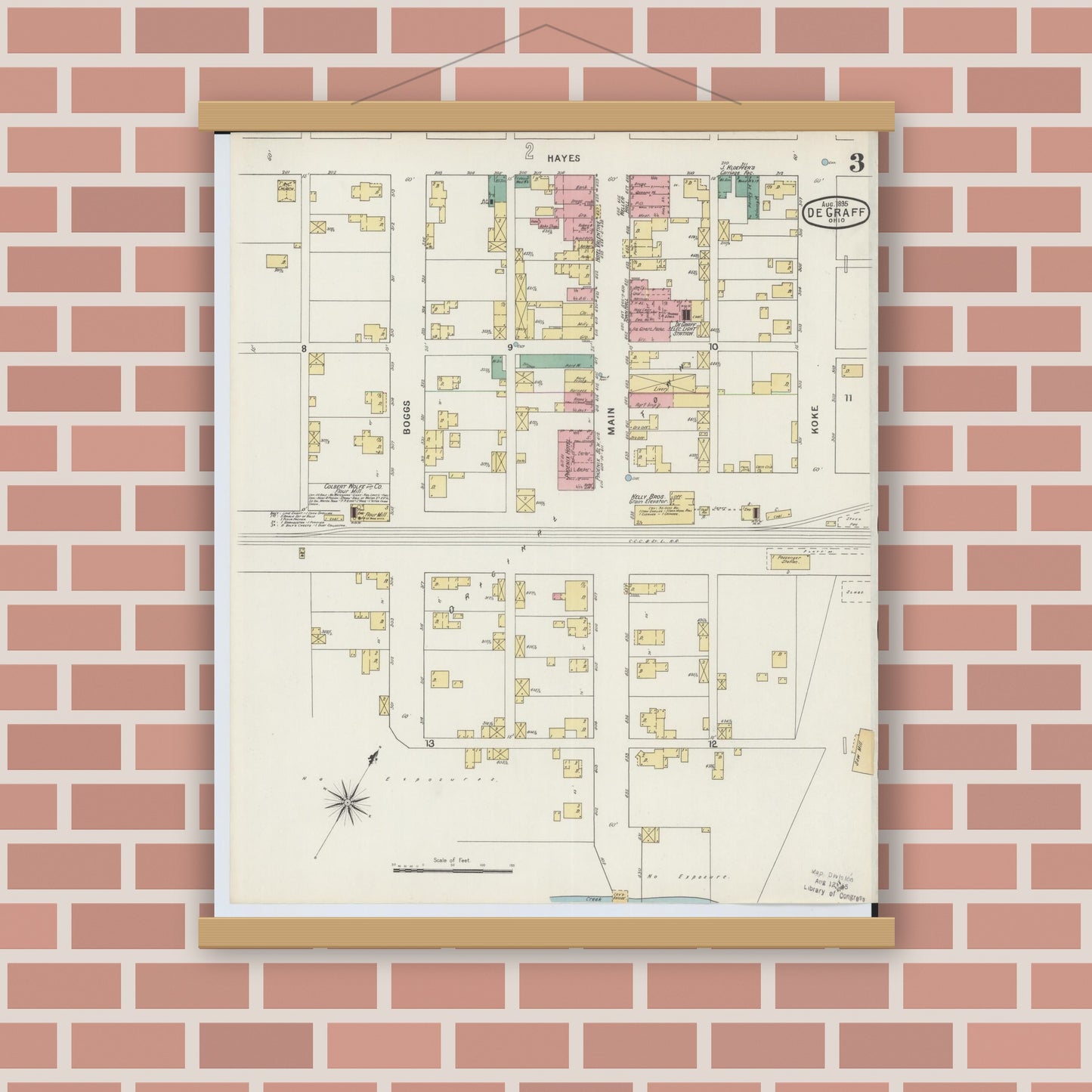 Old map wall art mockup — magnetic wood frame on brick wall — Sanborn Fire Insurance Map from Degraff, Logan County, Ohio (1895), Sheet #0003