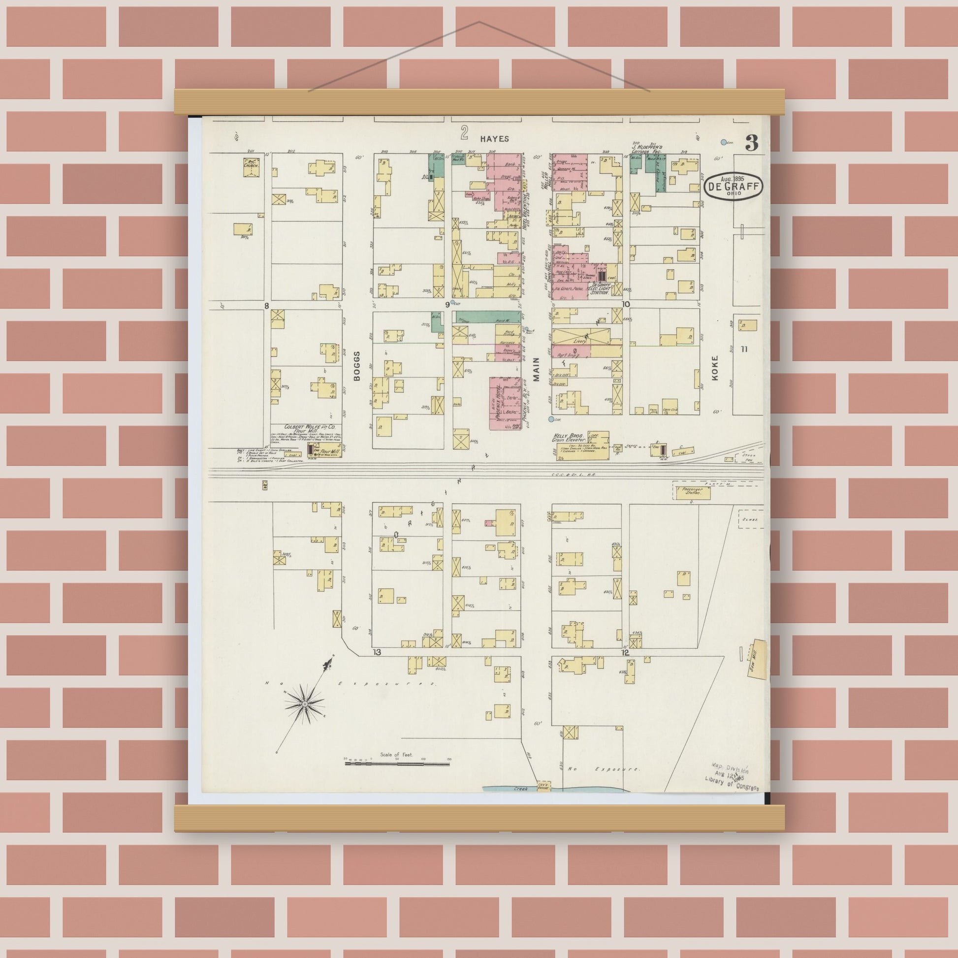 Old map wall art mockup — magnetic wood frame on brick wall — Sanborn Fire Insurance Map from Degraff, Logan County, Ohio (1895), Sheet #0003