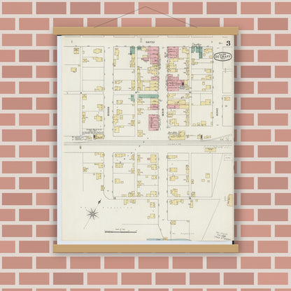 Old map wall art mockup — magnetic wood frame on brick wall — Sanborn Fire Insurance Map from Degraff, Logan County, Ohio (1895), Sheet #0003