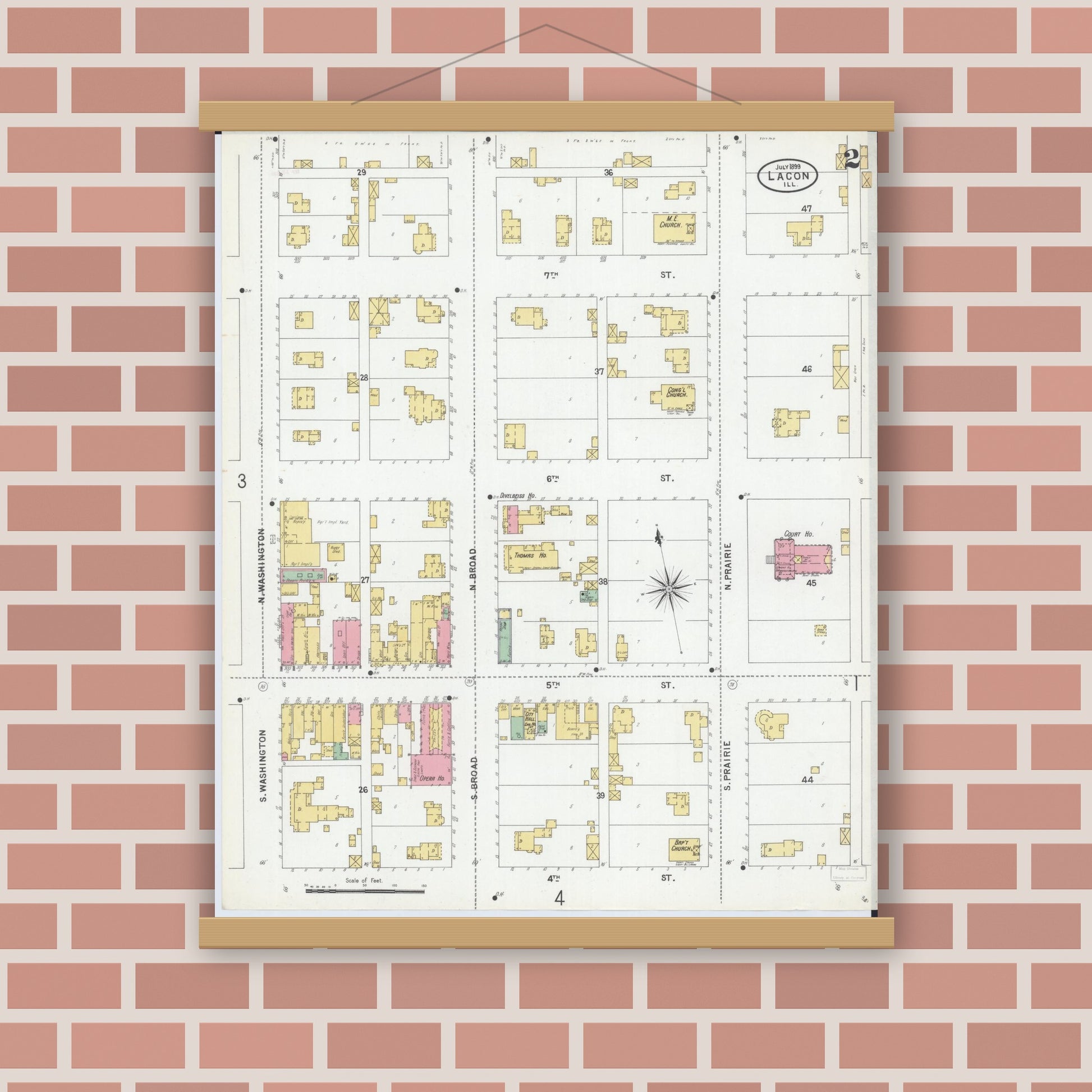 Old map wall art mockup — magnetic wood frame on brick wall — Sanborn Fire Insurance Map from Lacon, Marshall County, Illinois (1899), Sheet #0002
