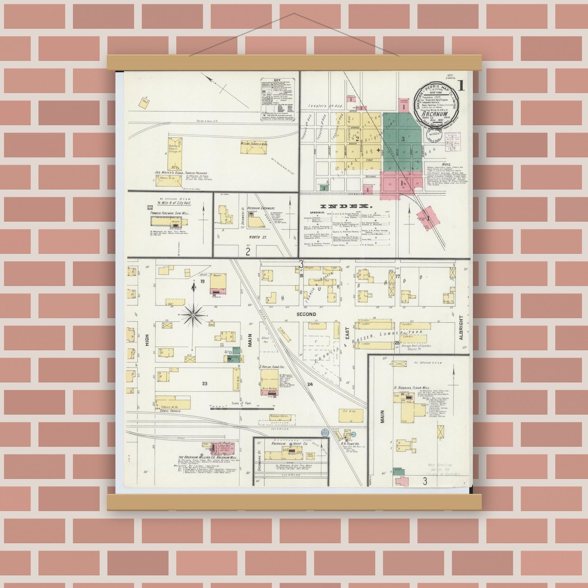Old map wall art mockup — magnetic wood frame on brick wall — Sanborn Fire Insurance Map from Arcanum, Darke County, Ohio (1901) - Complete Map Set