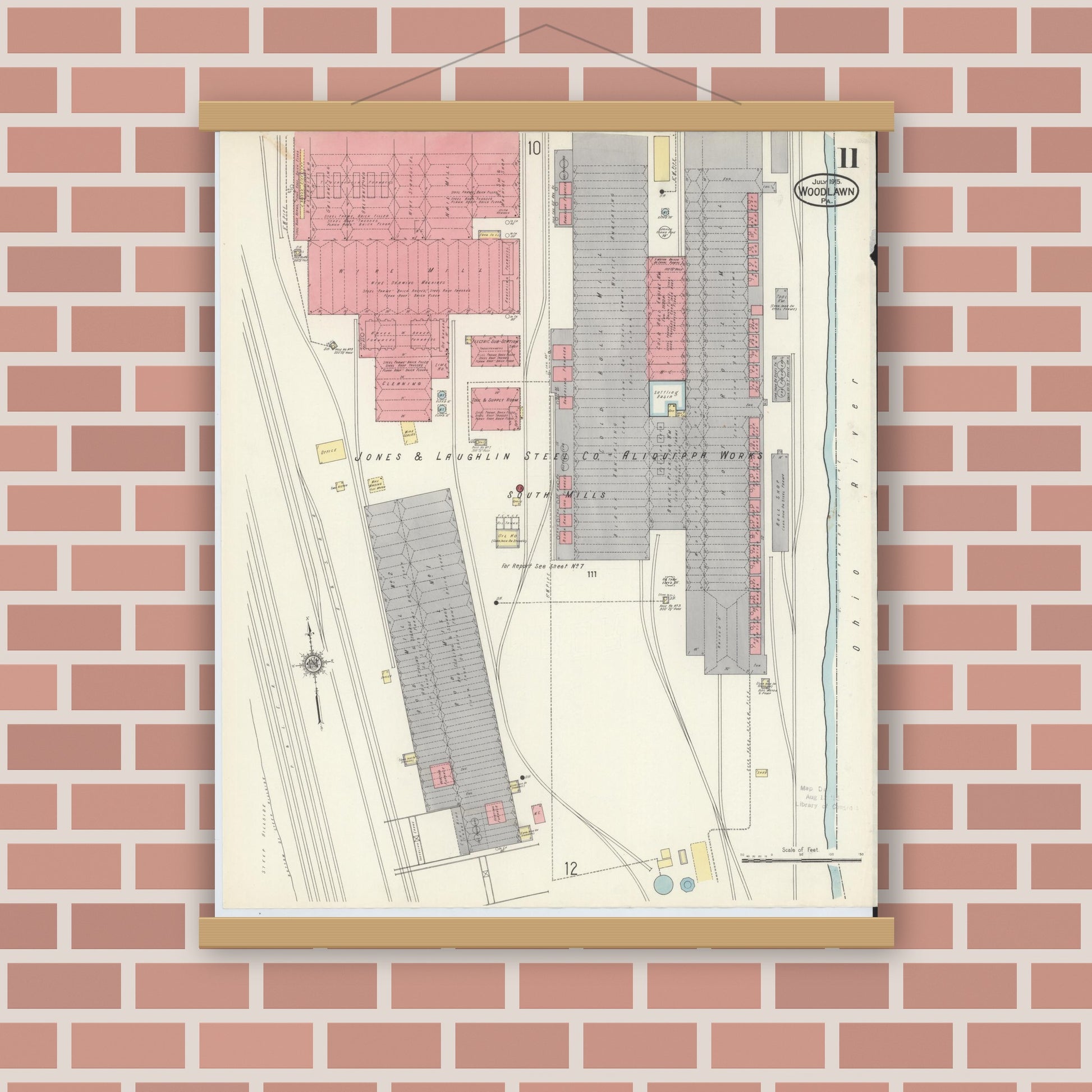 Old map wall art mockup — magnetic wood frame on brick wall — Sanborn Fire Insurance Map from Woodlawn, Beaver County, Pennsylvania (1915), Sheet #0011