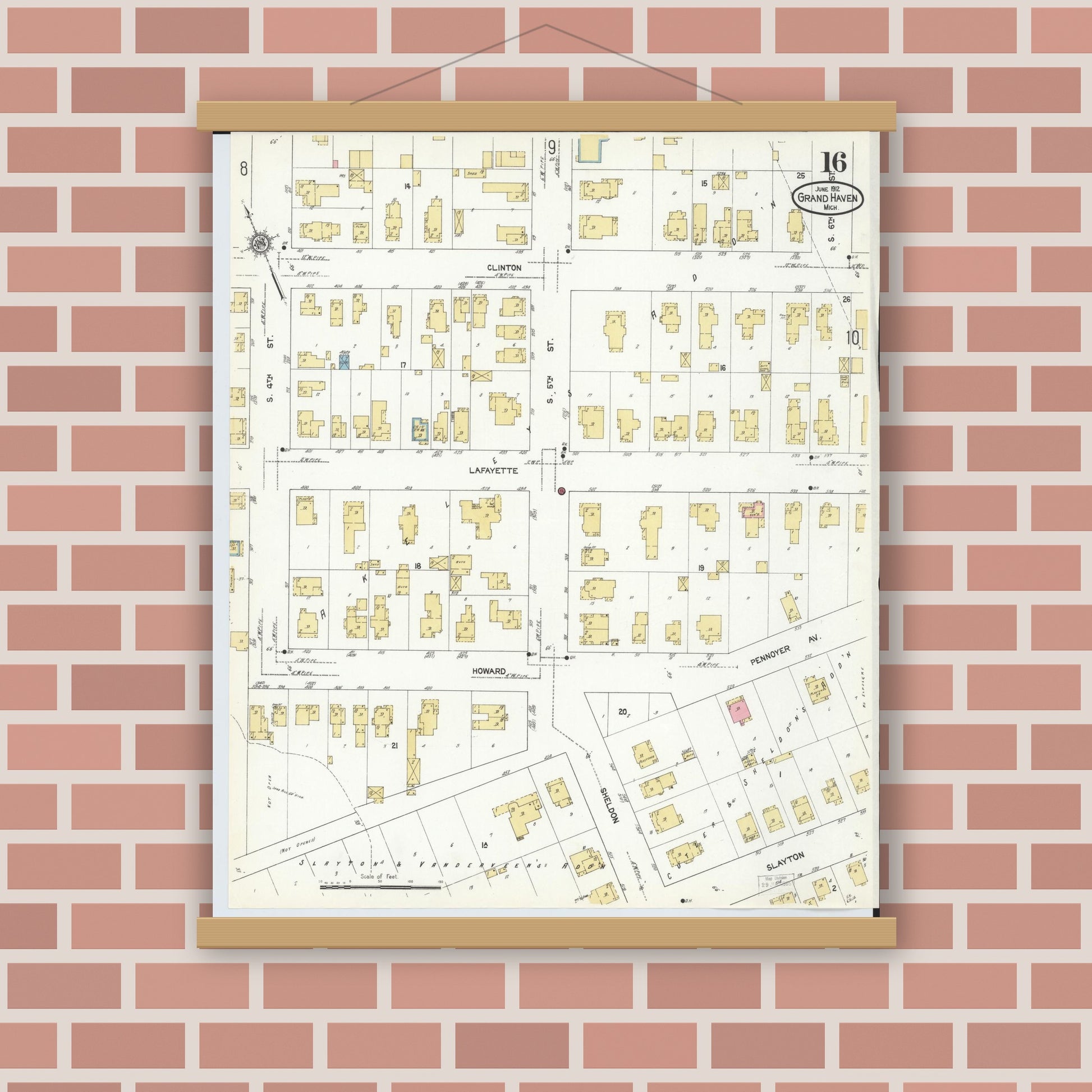 Old map wall art mockup — magnetic wood frame on brick wall — Sanborn Fire Insurance Map from Grand Haven, Ottawa County, Michigan (1912), Sheet #0016