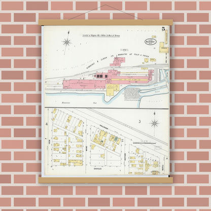 Old map wall art mockup — magnetic wood frame on brick wall — Sanborn Fire Insurance Map from Norway, Dickinson County, Michigan (1900), Sheet #0005