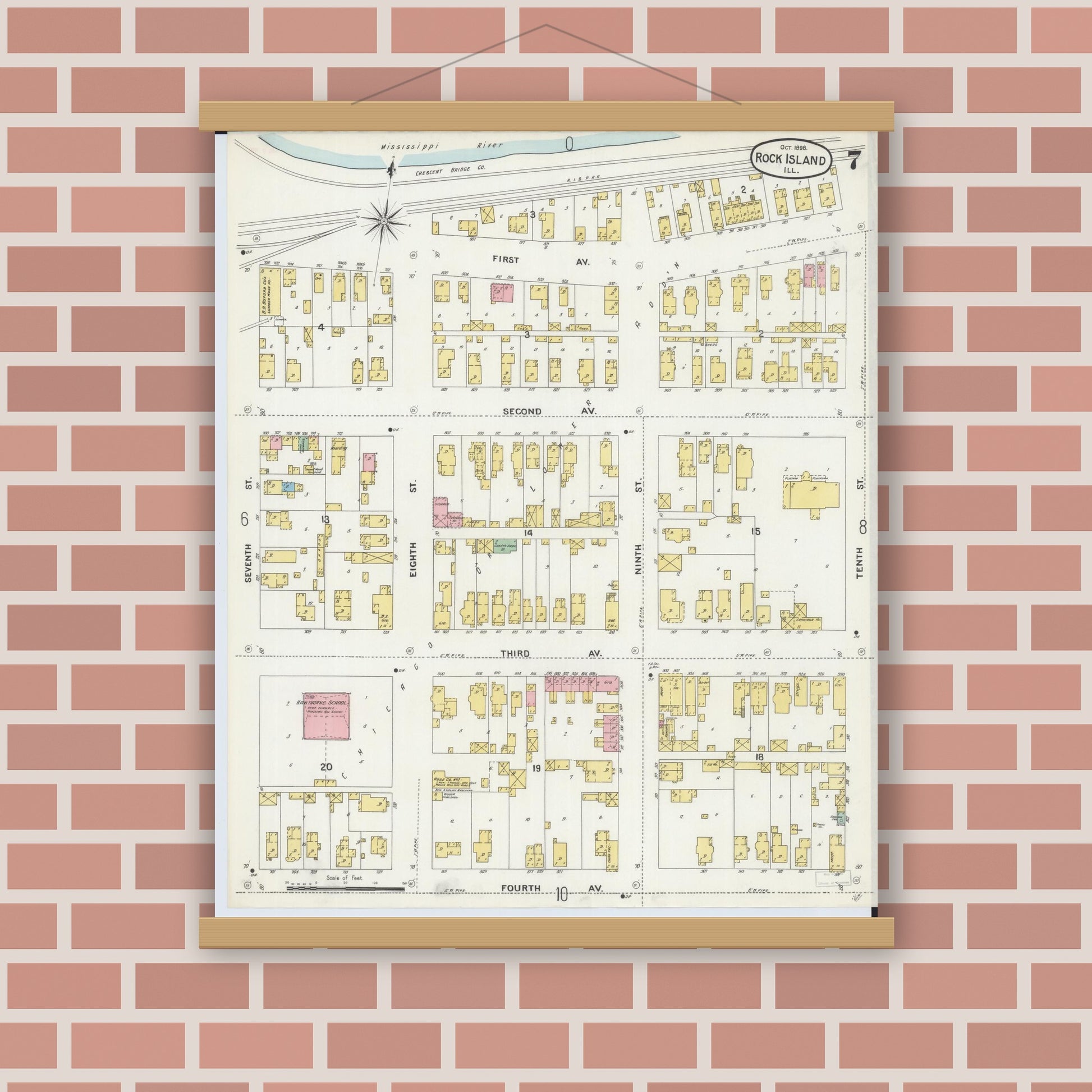 Old map wall art mockup — magnetic wood frame on brick wall — Sanborn Fire Insurance Map from Rock Island, Rock Island County, Illinois (1898), Sheet #0007