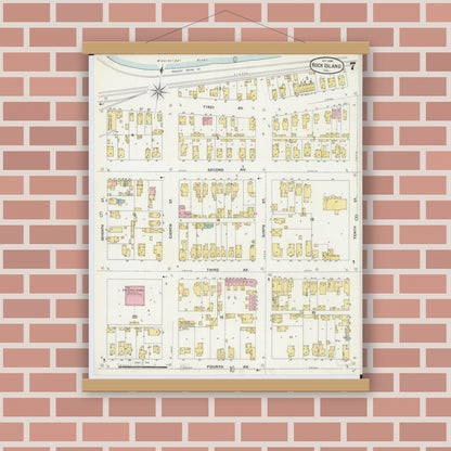 Old map wall art mockup — magnetic wood frame on brick wall — Sanborn Fire Insurance Map from Rock Island, Rock Island County, Illinois (1898), Sheet #0007