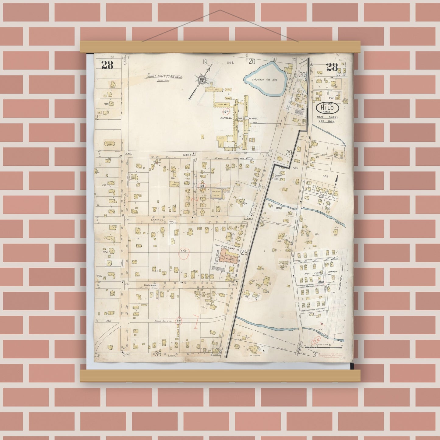Old map wall art mockup — magnetic wood frame on brick wall — Sanborn Fire Insurance Map from Hilo, Hawaii County, Hawaii (1957), Sheet #0028