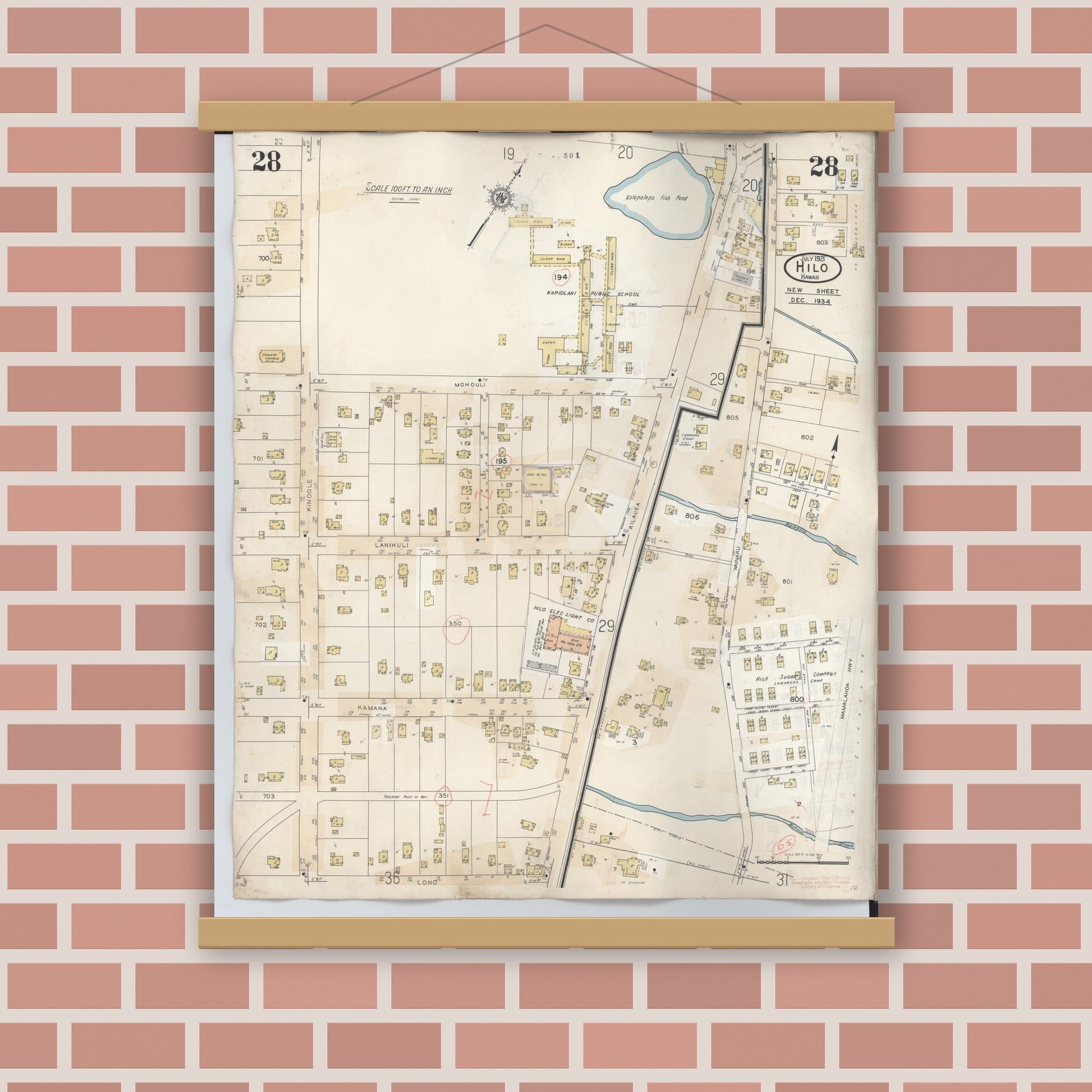Old map wall art mockup — magnetic wood frame on brick wall — Sanborn Fire Insurance Map from Hilo, Hawaii County, Hawaii (1957), Sheet #0028
