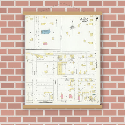 Old map wall art mockup — magnetic wood frame on brick wall — Sanborn Fire Insurance Map from Caledonia, Houston County, Minnesota (1909), Sheet #0003
