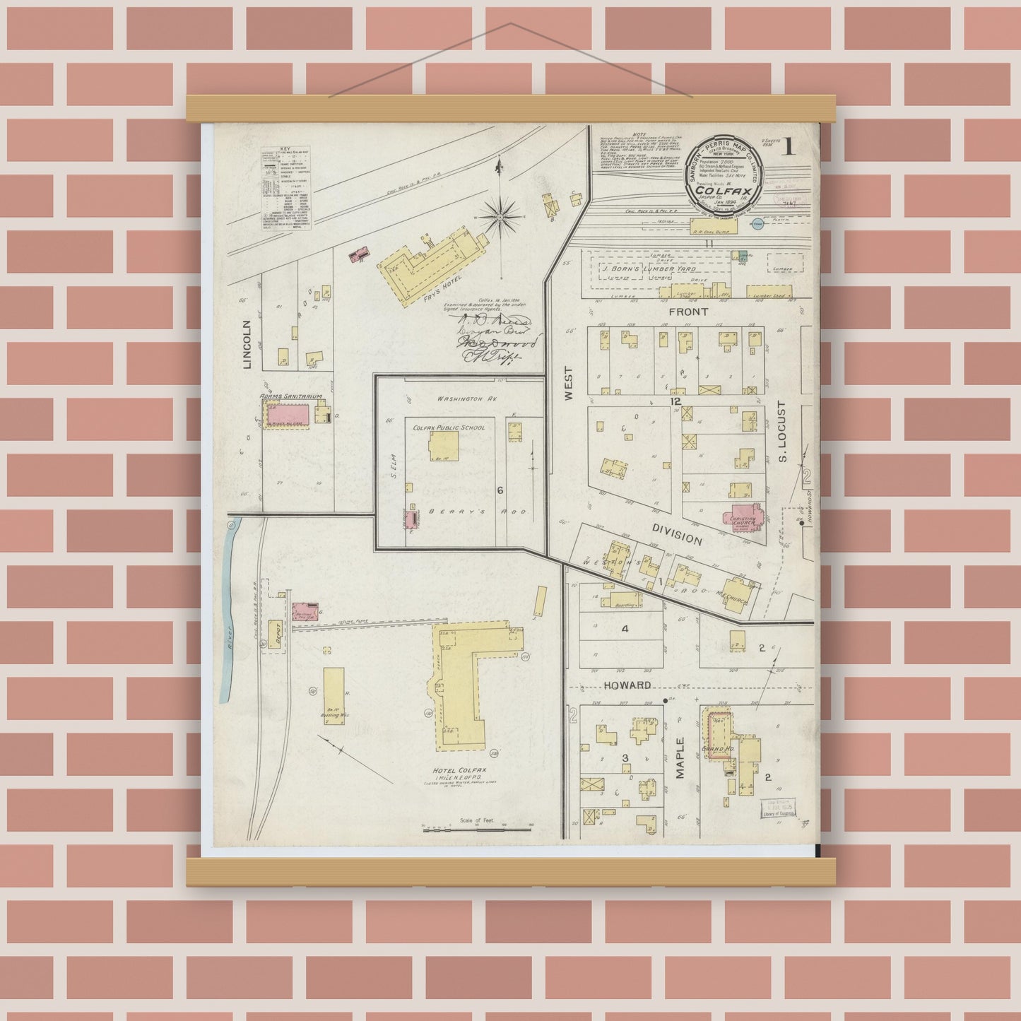 Old map wall art mockup — magnetic wood frame on brick wall — Sanborn Fire Insurance Map from Colfax, Jasper County, Iowa (1894), Sheet #0001