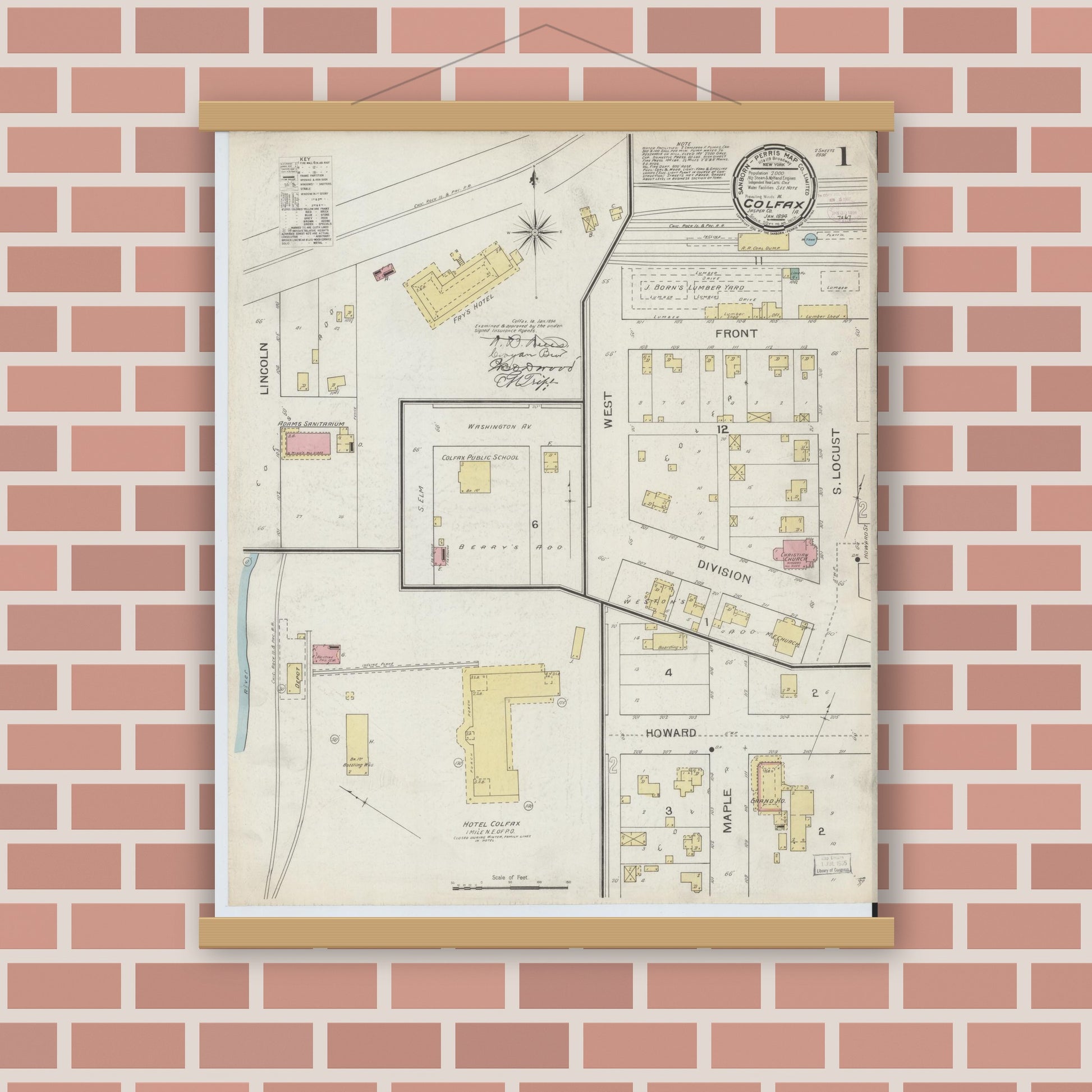 Old map wall art mockup — magnetic wood frame on brick wall — Sanborn Fire Insurance Map from Colfax, Jasper County, Iowa (1894), Sheet #0001