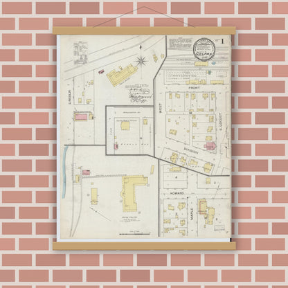 Old map wall art mockup — magnetic wood frame on brick wall — Sanborn Fire Insurance Map from Colfax, Jasper County, Iowa (1894), Sheet #0001