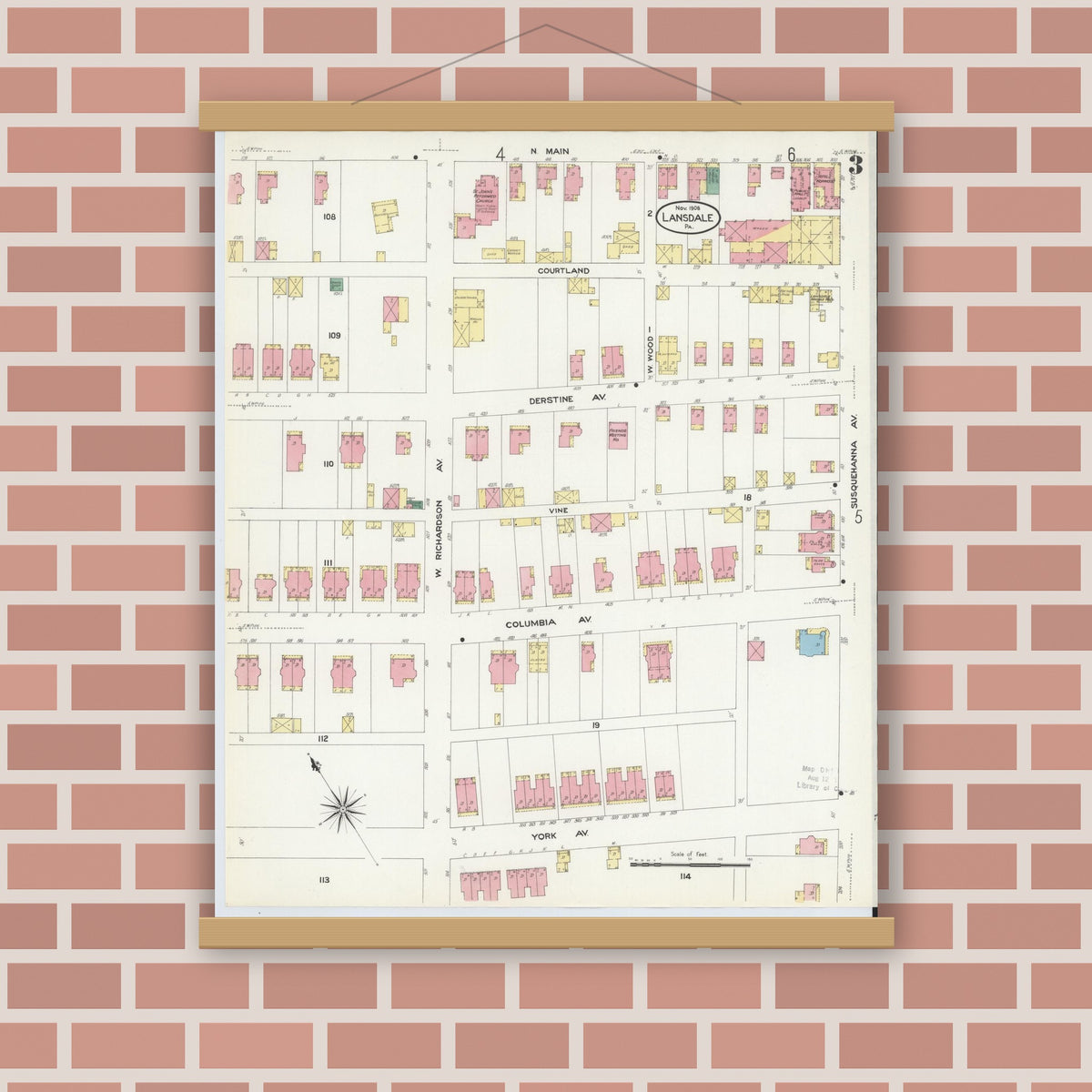 Old map wall art mockup — magnetic wood frame on brick wall — Sanborn Fire Insurance Map from Lansdale, Montgomery County, Pennsylvania (1912), Sheet #0003