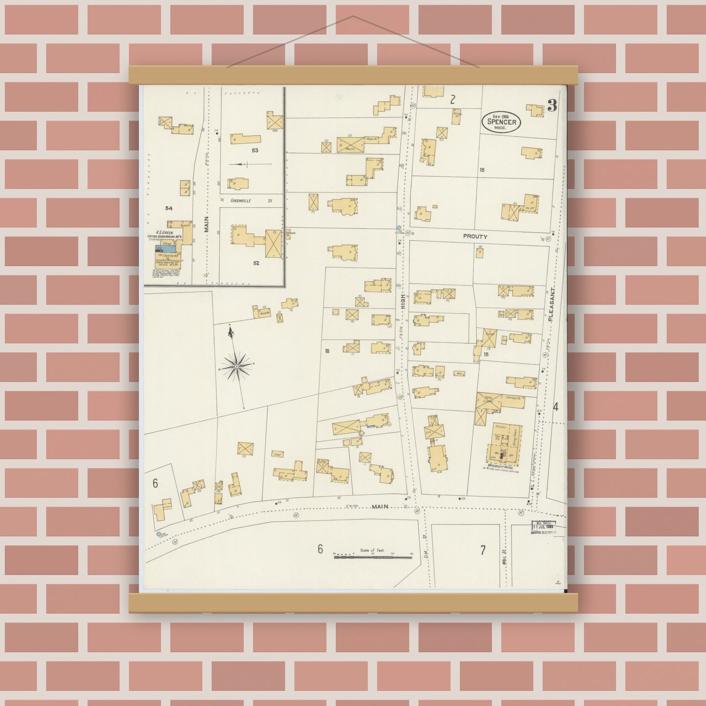 Old map wall art mockup — magnetic wood frame on brick wall — Sanborn Fire Insurance Map from Spencer, Worcester County, Massachusetts (1906), Sheet #0003