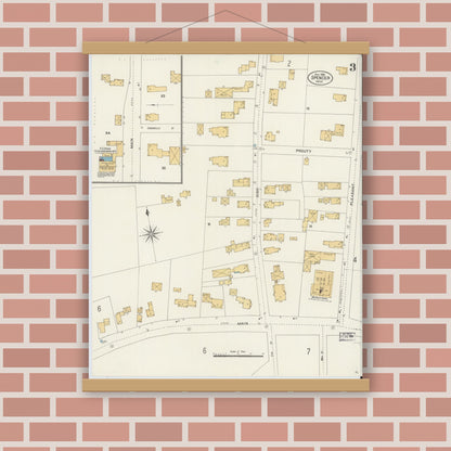 Old map wall art mockup — magnetic wood frame on brick wall — Sanborn Fire Insurance Map from Spencer, Worcester County, Massachusetts (1906), Sheet #0003
