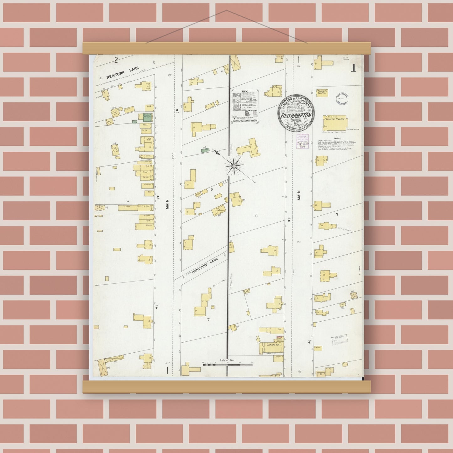 Old map wall art mockup — magnetic wood frame on brick wall — Sanborn Fire Insurance Map from Easthampton, Suffolk County, New York (1902) - Complete Map Set