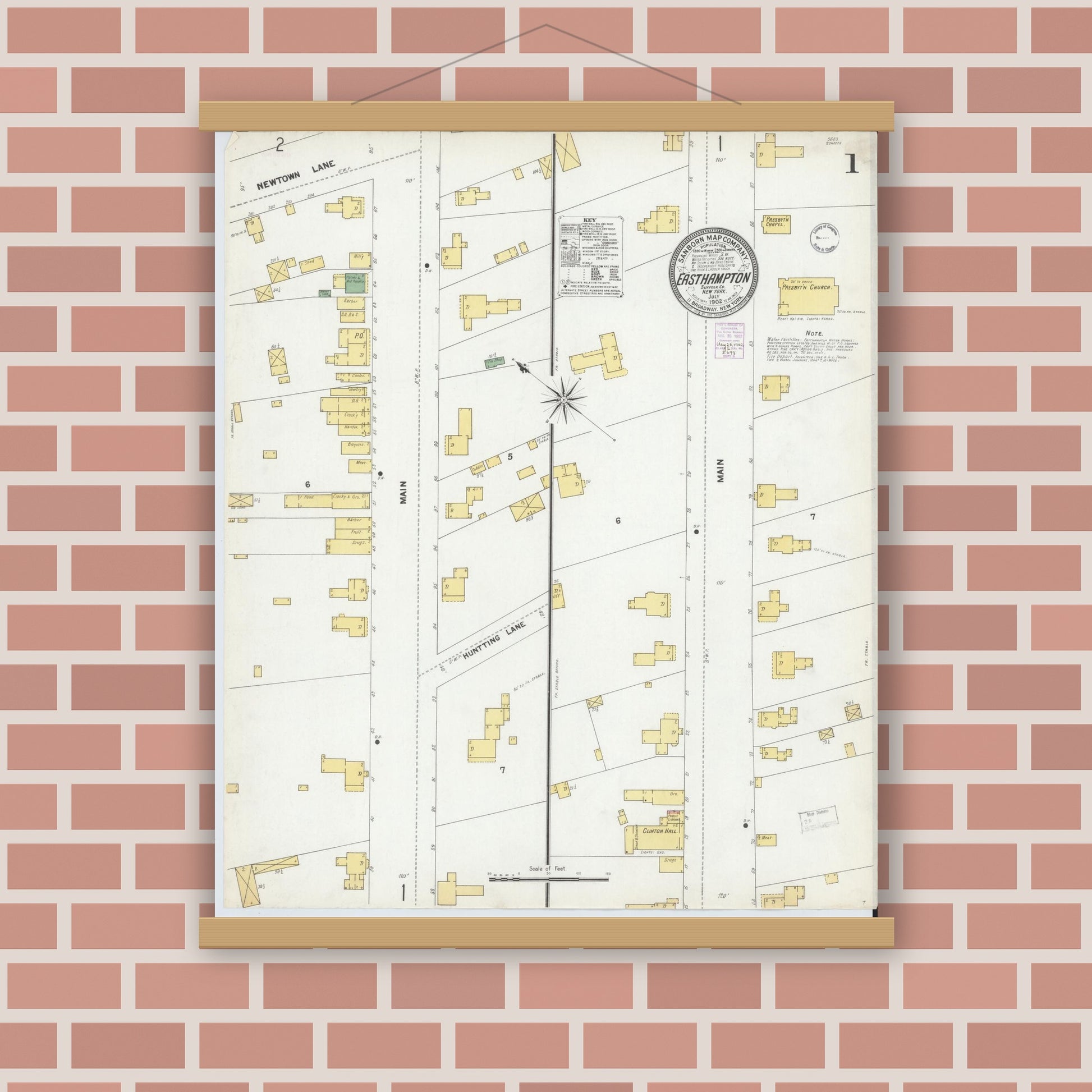 Old map wall art mockup — magnetic wood frame on brick wall — Sanborn Fire Insurance Map from Easthampton, Suffolk County, New York (1902) - Complete Map Set