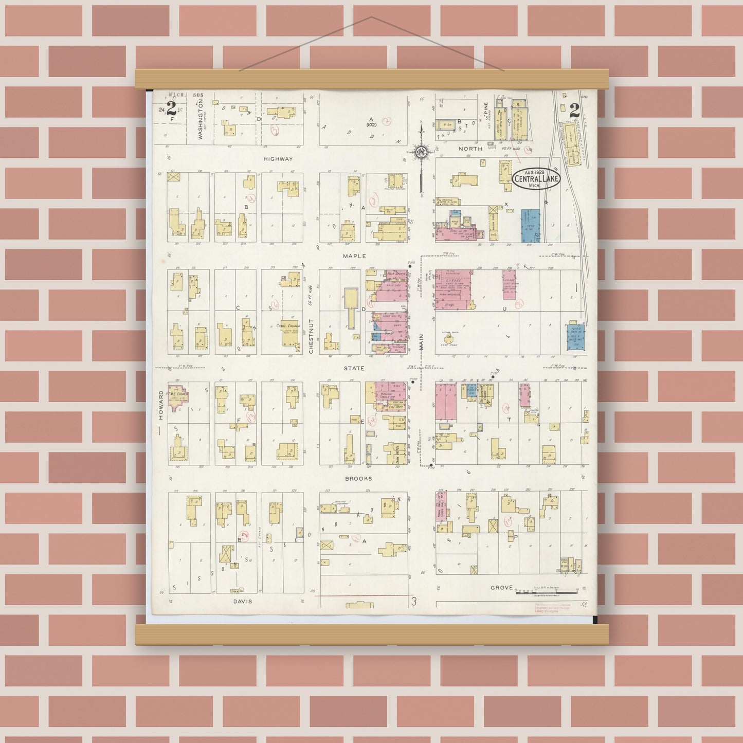 Old map wall art mockup — magnetic wood frame on brick wall — Sanborn Fire Insurance Map from Central Lake, Antrim County, Michigan (1929), Sheet #0002