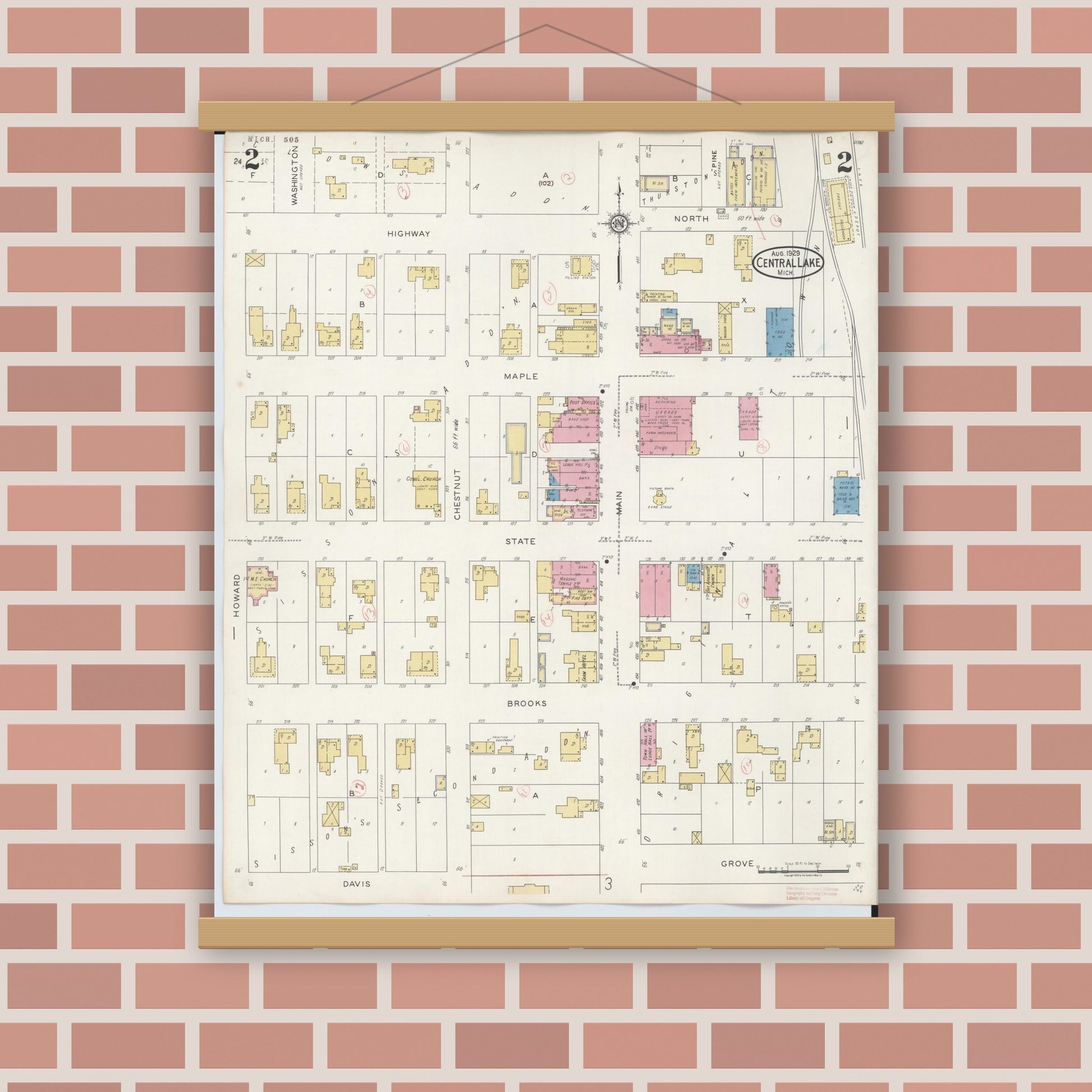 Old map wall art mockup — magnetic wood frame on brick wall — Sanborn Fire Insurance Map from Central Lake, Antrim County, Michigan (1929), Sheet #0002