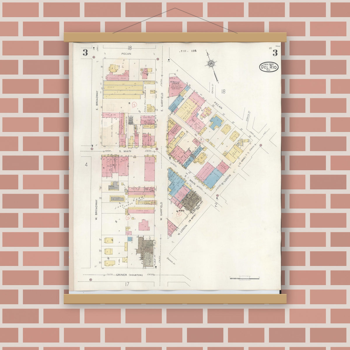 Old map wall art mockup — magnetic wood frame on brick wall — Sanborn Fire Insurance Map from Del Rio, Val Verde County, Texas (1948), Sheet #0003