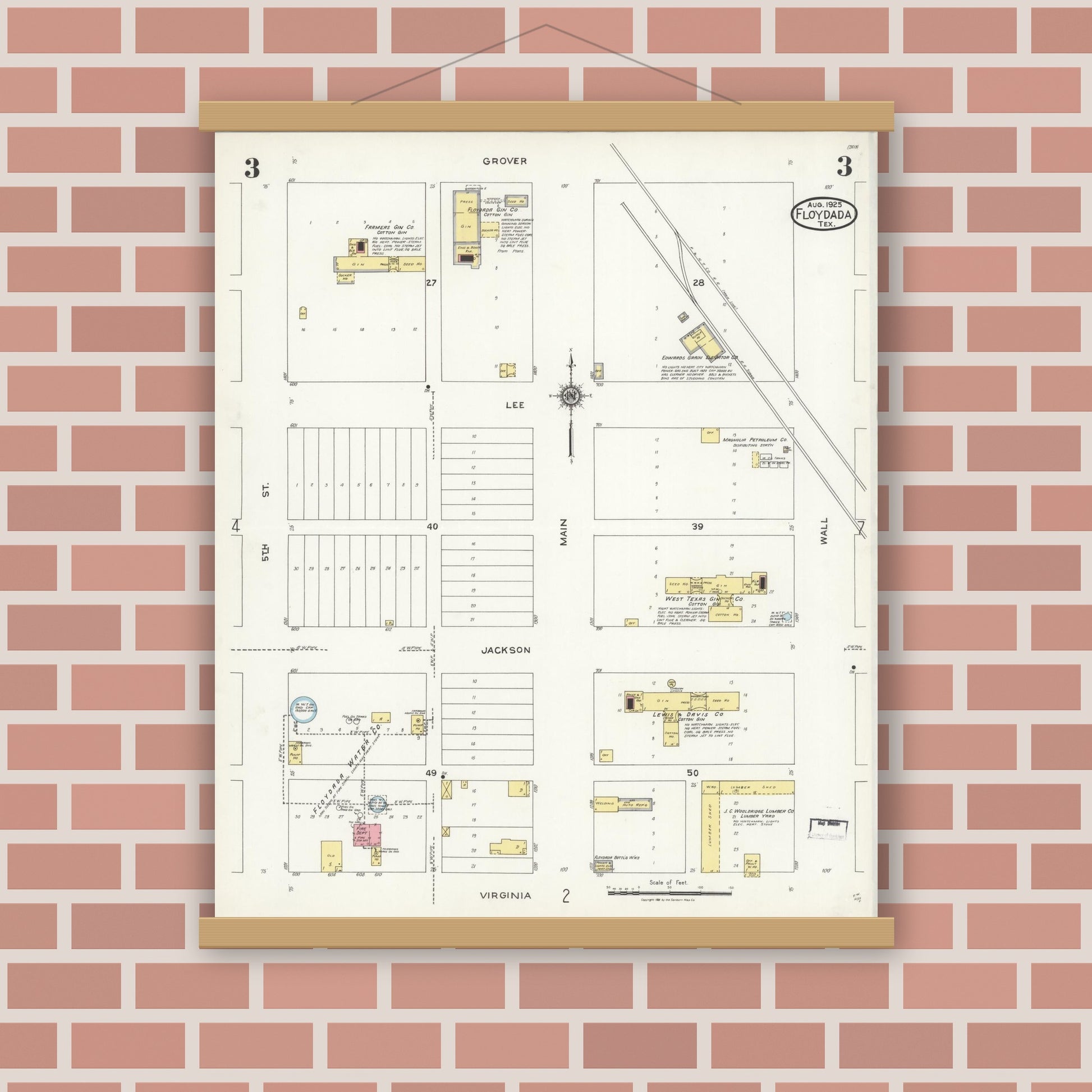 Old map wall art mockup — magnetic wood frame on brick wall — Sanborn Fire Insurance Map from Floydada, Floyd County, Texas (1925), Sheet #0003