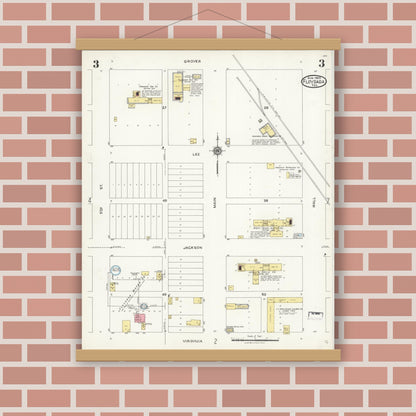 Old map wall art mockup — magnetic wood frame on brick wall — Sanborn Fire Insurance Map from Floydada, Floyd County, Texas (1925), Sheet #0003