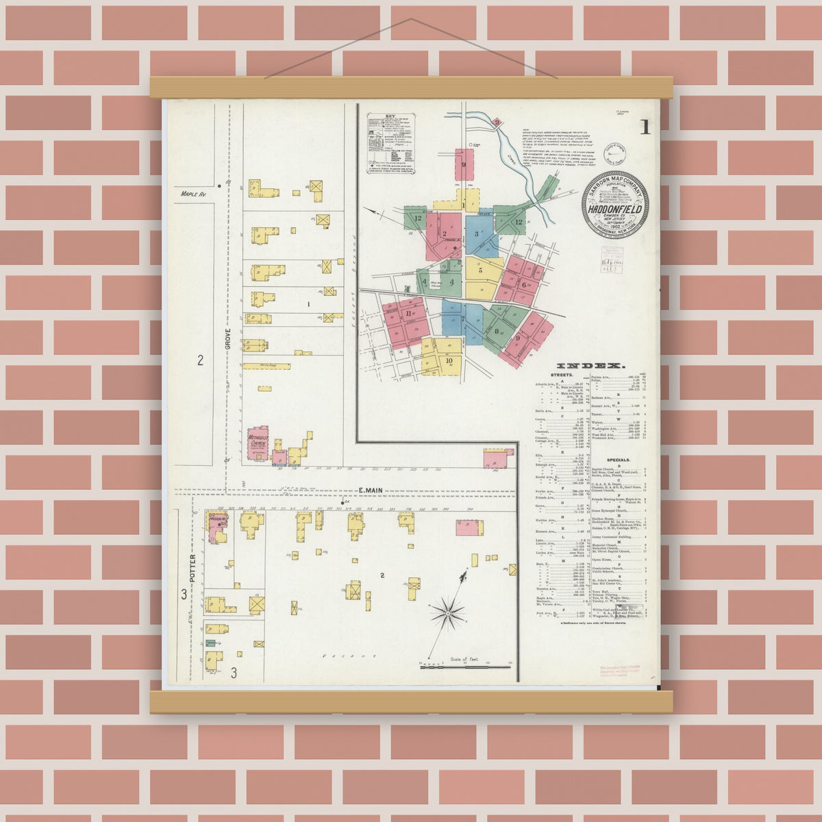 Old map wall art mockup — magnetic wood frame on brick wall — Sanborn Fire Insurance Map from Haddonfield, Camden County, New Jersey (1902) - Complete Map Set