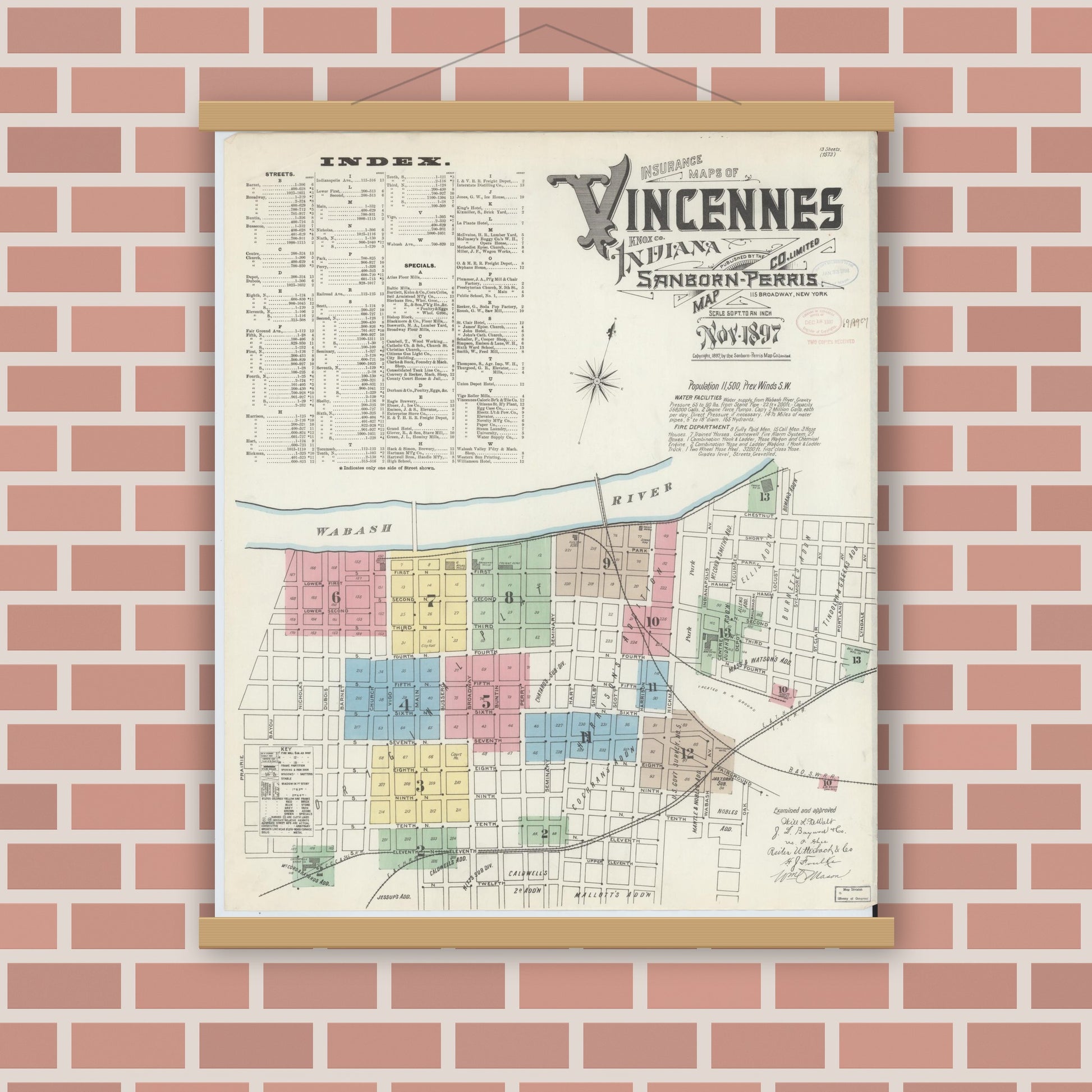 Old map wall art mockup — magnetic wood frame on brick wall — Sanborn Fire Insurance Map from Vincennes, Knox County, Indiana (1897), Sheet #0001