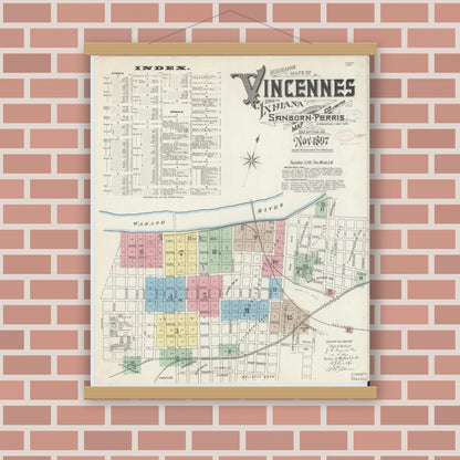 Old map wall art mockup — magnetic wood frame on brick wall — Sanborn Fire Insurance Map from Vincennes, Knox County, Indiana (1897), Sheet #0001