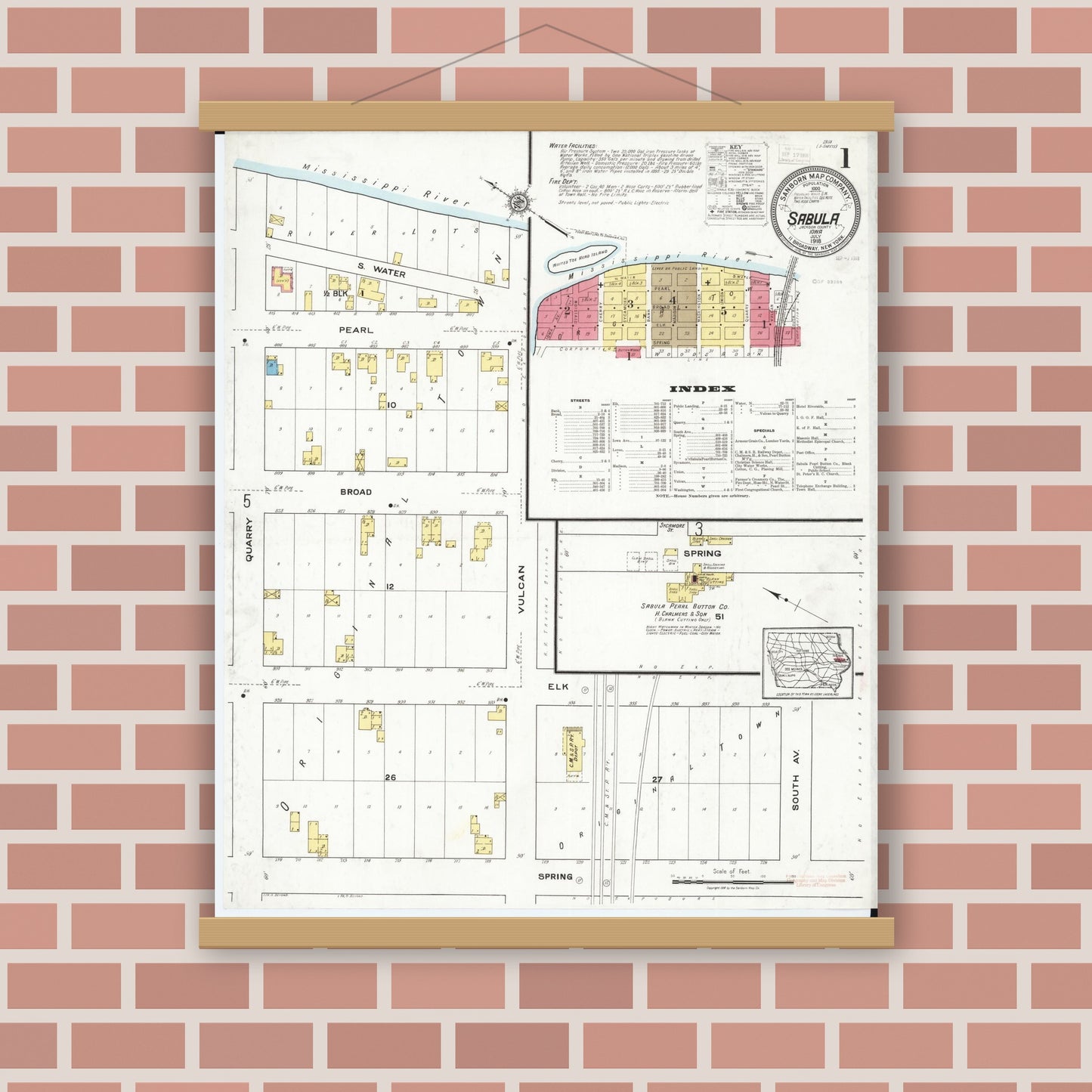 Old map wall art mockup — magnetic wood frame on brick wall — Sanborn Fire Insurance Map from Sabula, Jackson County, Iowa (1918), Sheet #0001