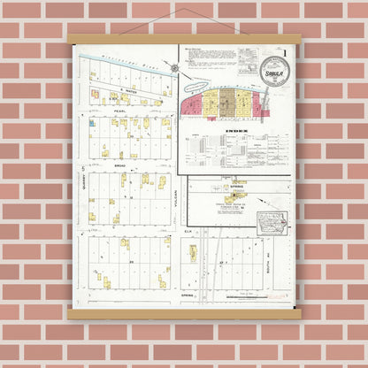 Old map wall art mockup — magnetic wood frame on brick wall — Sanborn Fire Insurance Map from Sabula, Jackson County, Iowa (1918), Sheet #0001