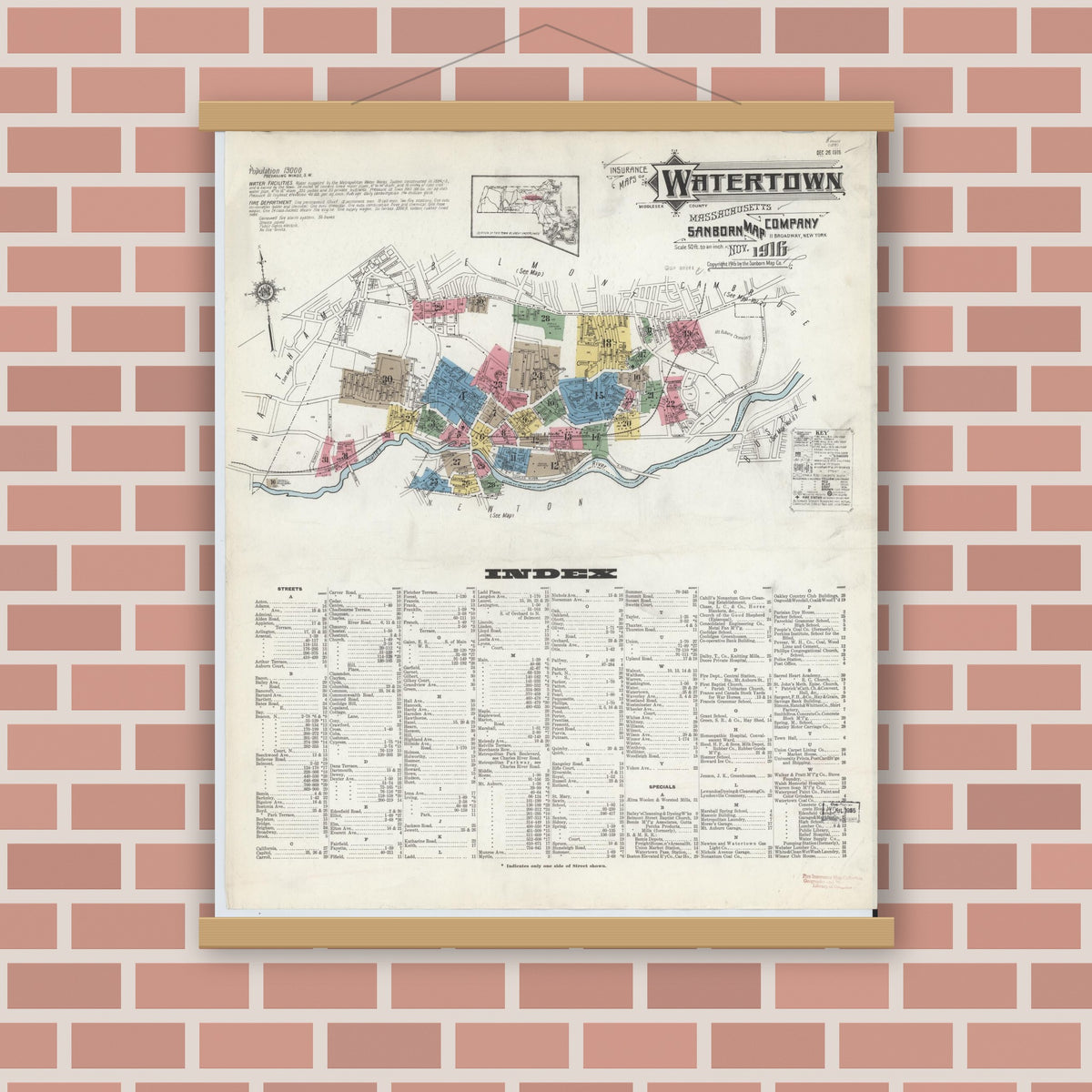Old map wall art mockup — magnetic wood frame on brick wall — Sanborn Fire Insurance Map from Watertown, Middlesex County, Massachusetts (1916) - Complete Map Set