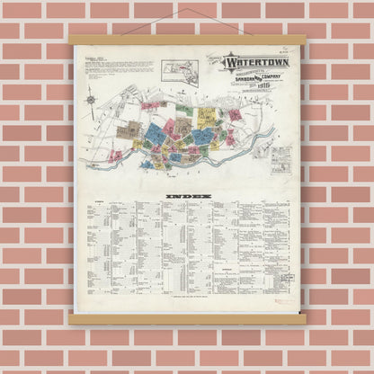 Old map wall art mockup — magnetic wood frame on brick wall — Sanborn Fire Insurance Map from Watertown, Middlesex County, Massachusetts (1916) - Complete Map Set