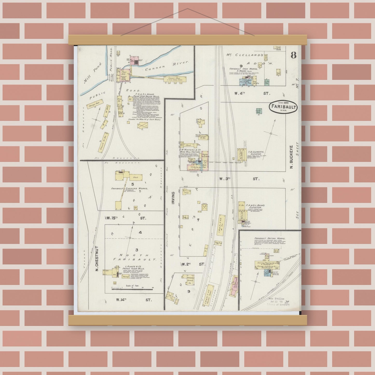 Old map wall art mockup — magnetic wood frame on brick wall — Sanborn Fire Insurance Map from Faribault, Rice County, Minnesota (1889), Sheet #0008