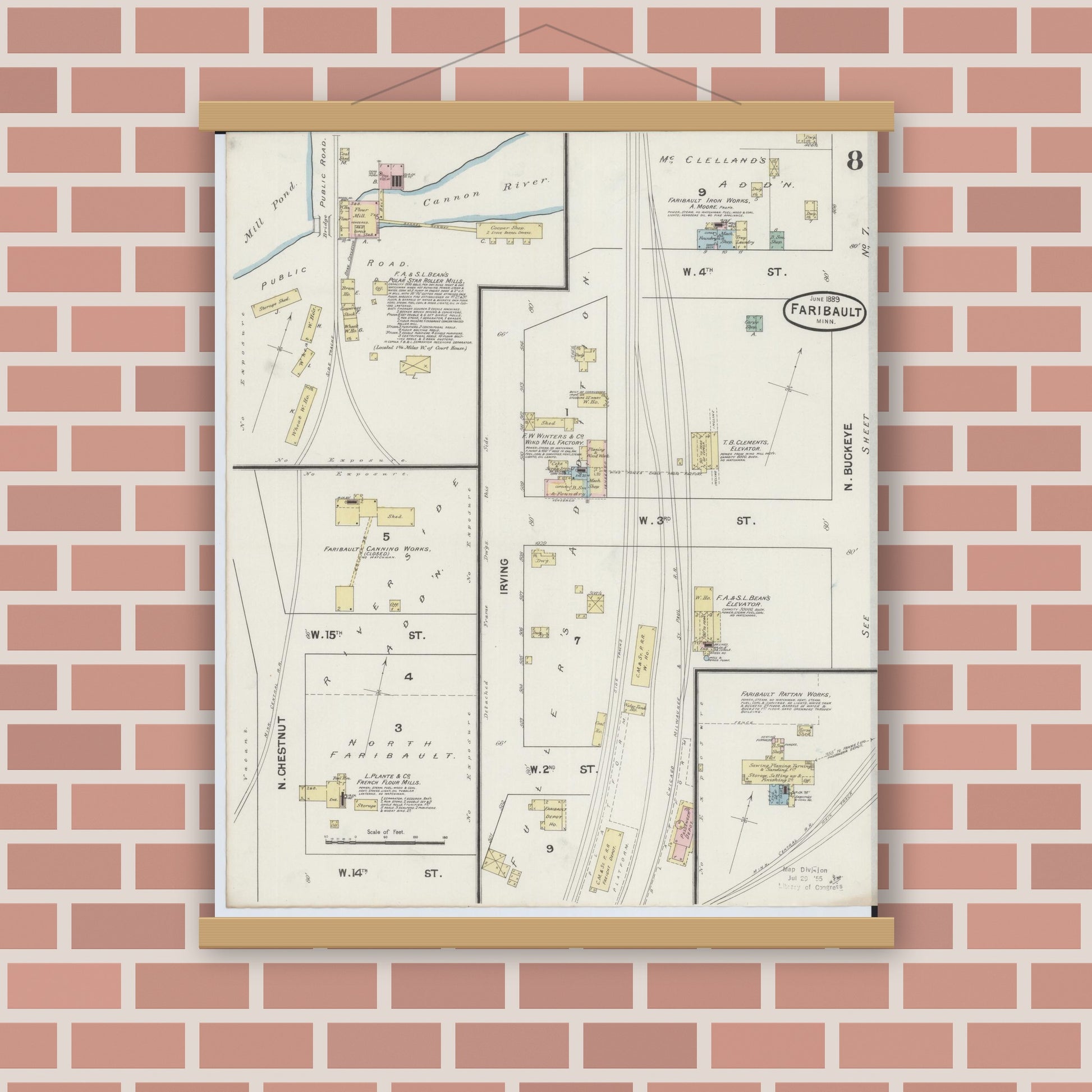 Old map wall art mockup — magnetic wood frame on brick wall — Sanborn Fire Insurance Map from Faribault, Rice County, Minnesota (1889), Sheet #0008