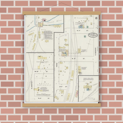 Old map wall art mockup — magnetic wood frame on brick wall — Sanborn Fire Insurance Map from Faribault, Rice County, Minnesota (1889), Sheet #0008