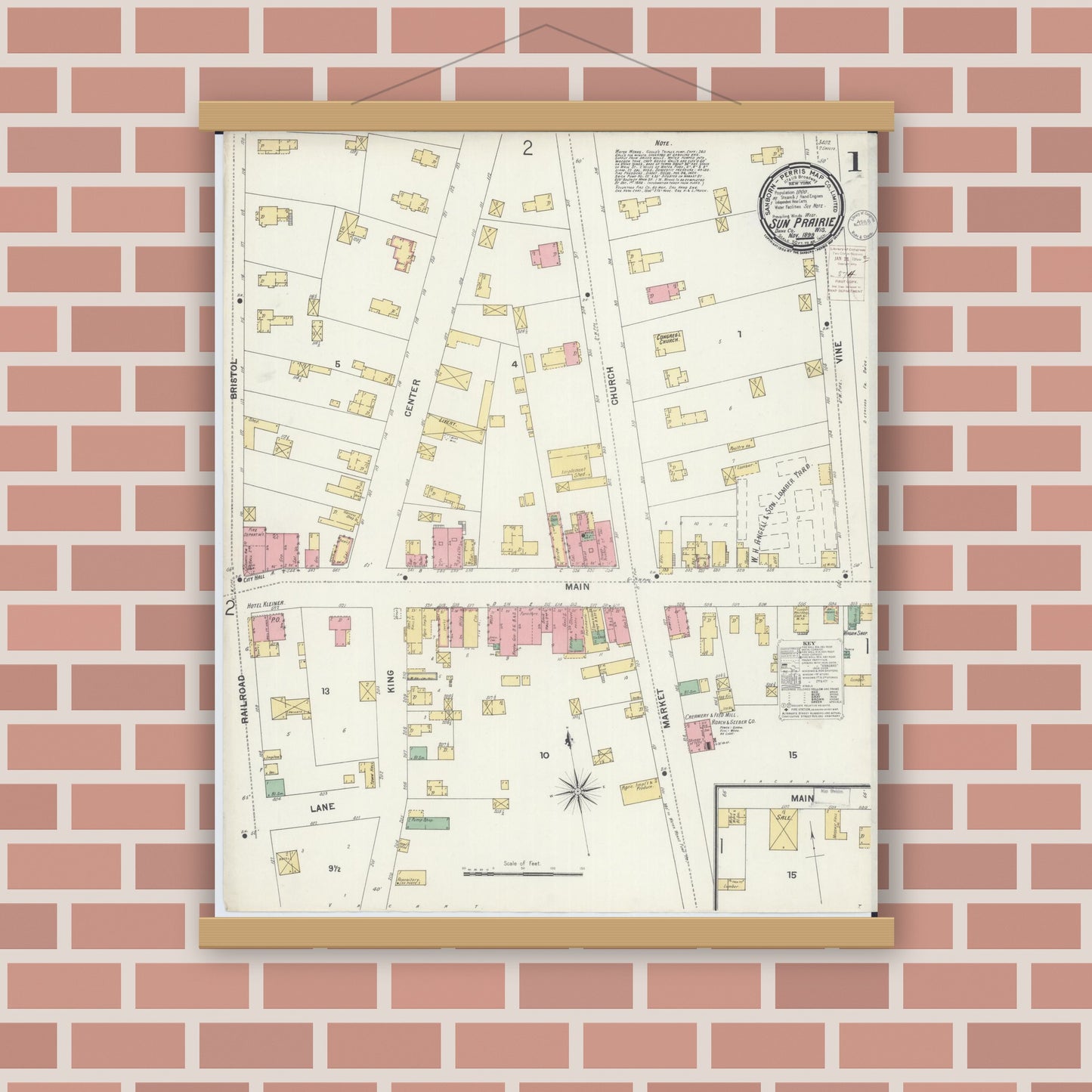 Old map wall art mockup — magnetic wood frame on brick wall — Sanborn Fire Insurance Map from Sun Prairie, Dane County, Wisconsin (1899), Sheet #0001