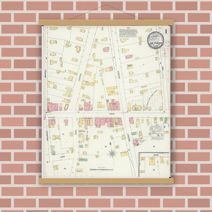 Old map wall art mockup — magnetic wood frame on brick wall — Sanborn Fire Insurance Map from Sun Prairie, Dane County, Wisconsin (1899), Sheet #0001