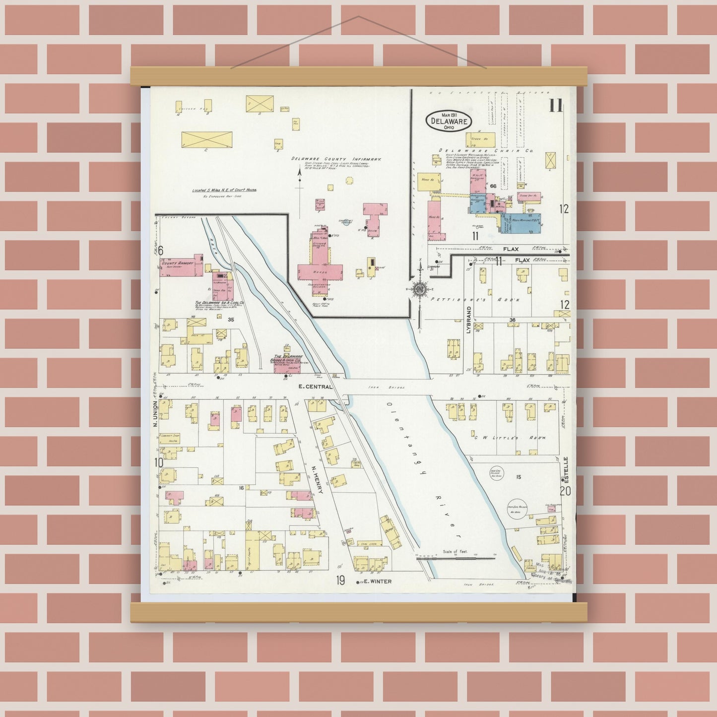 Old map wall art mockup — magnetic wood frame on brick wall — Sanborn Fire Insurance Map from Delaware, Delaware County, Ohio (1911), Sheet #0011