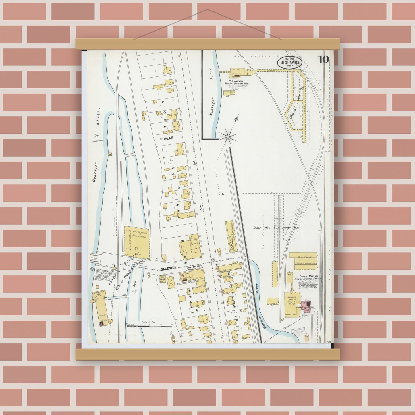 Old map wall art mockup — magnetic wood frame on brick wall — Sanborn Fire Insurance Map from Big Rapids, Mecosta County, Michigan (1899), Sheet #0010
