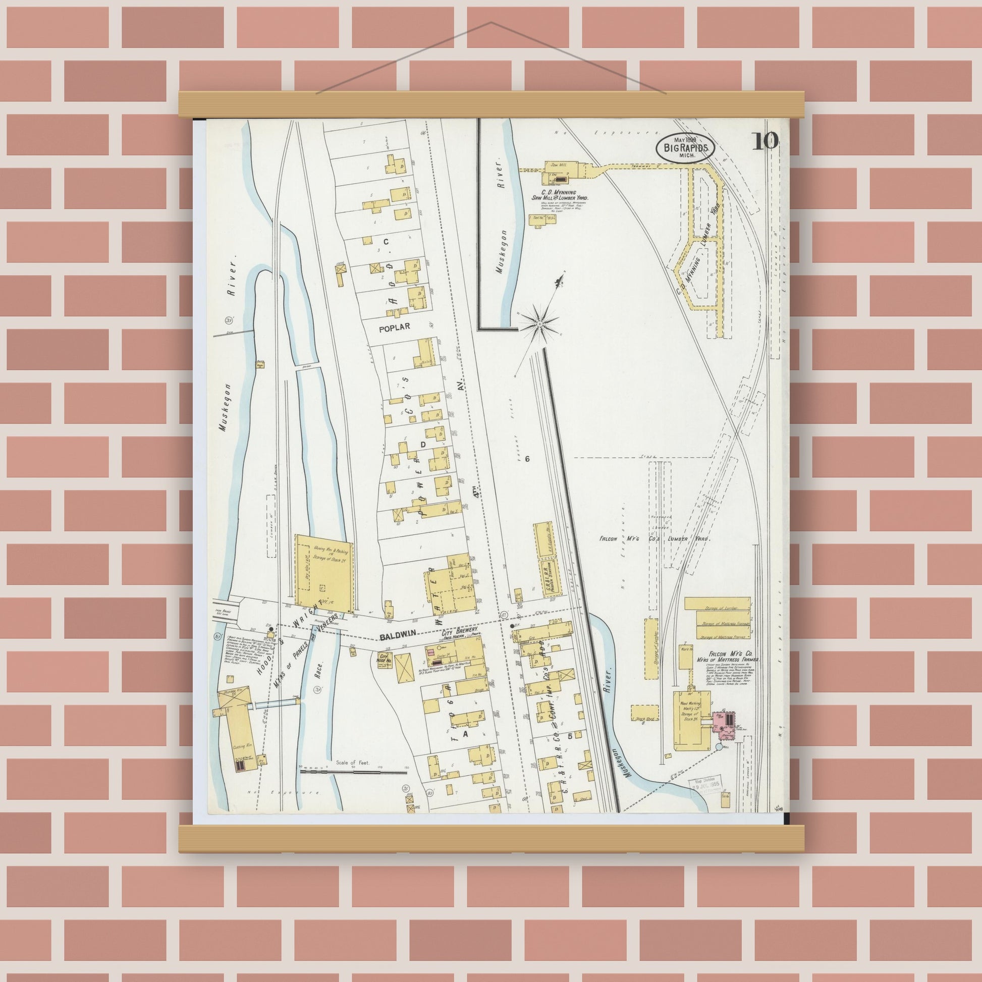 Old map wall art mockup — magnetic wood frame on brick wall — Sanborn Fire Insurance Map from Big Rapids, Mecosta County, Michigan (1899), Sheet #0010