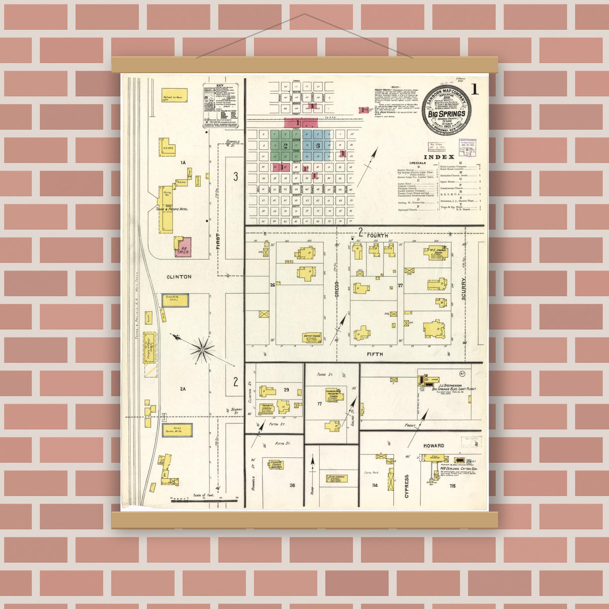Old map wall art mockup — magnetic wood frame on brick wall — Sanborn Fire Insurance Map from Big Spring, Howard County, Texas (1905), Sheet #0001
