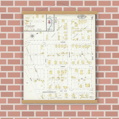 Old map wall art mockup — magnetic wood frame on brick wall — Sanborn Fire Insurance Map from Oakland City, Gibson County, Indiana (1907), Sheet #0007