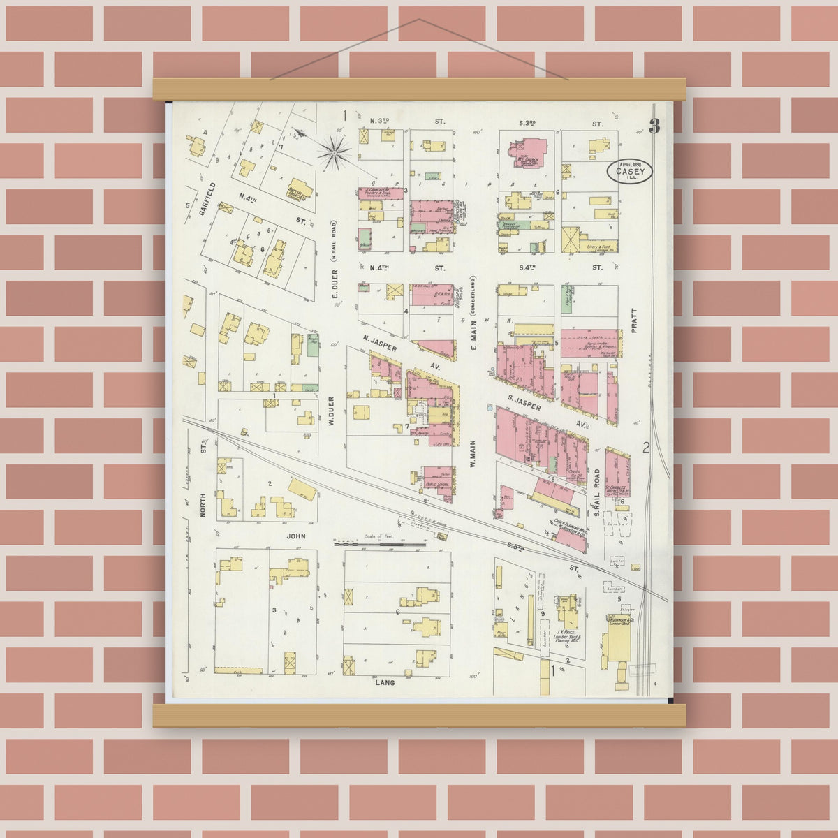 Old map wall art mockup — magnetic wood frame on brick wall — Sanborn Fire Insurance Map from Casey, Clark County, Illinois (1898), Sheet #0003