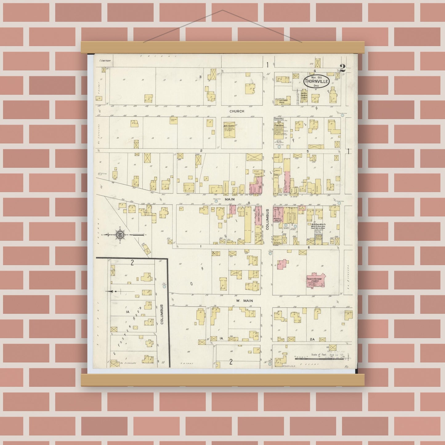 Old map wall art mockup — magnetic wood frame on brick wall — Sanborn Fire Insurance Map from Thornville, Perry County, Ohio (1913), Sheet #0002
