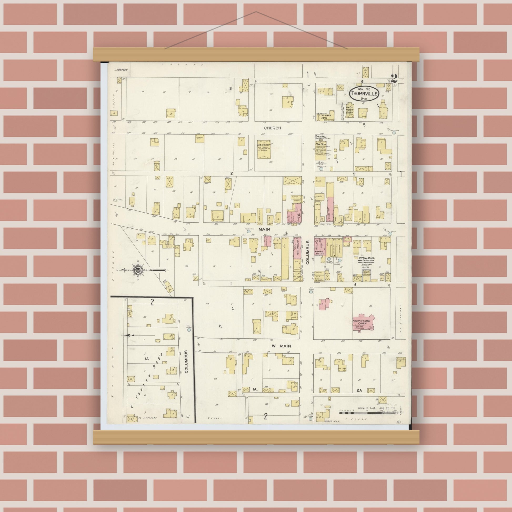 Old map wall art mockup — magnetic wood frame on brick wall — Sanborn Fire Insurance Map from Thornville, Perry County, Ohio (1913), Sheet #0002