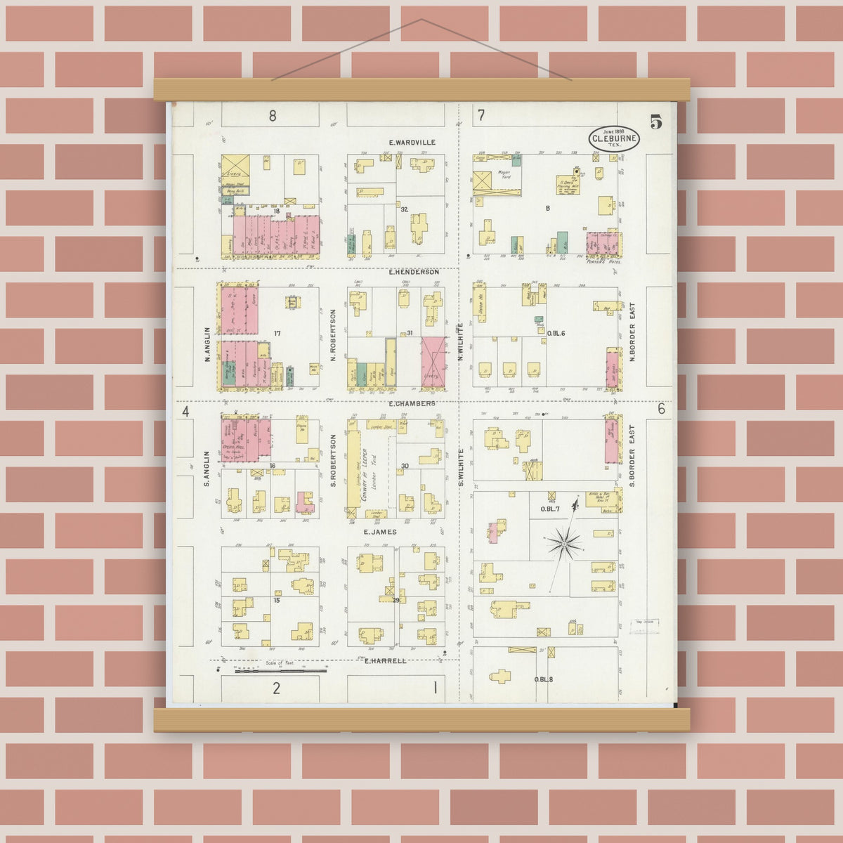 Old map wall art mockup — magnetic wood frame on brick wall — Sanborn Fire Insurance Map from Cleburne, Johnson County, Texas (1898), Sheet #0005